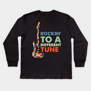 Rockin To A Different Tune Puzzle Piece Guitar Autism Kids Long Sleeve T-Shirt